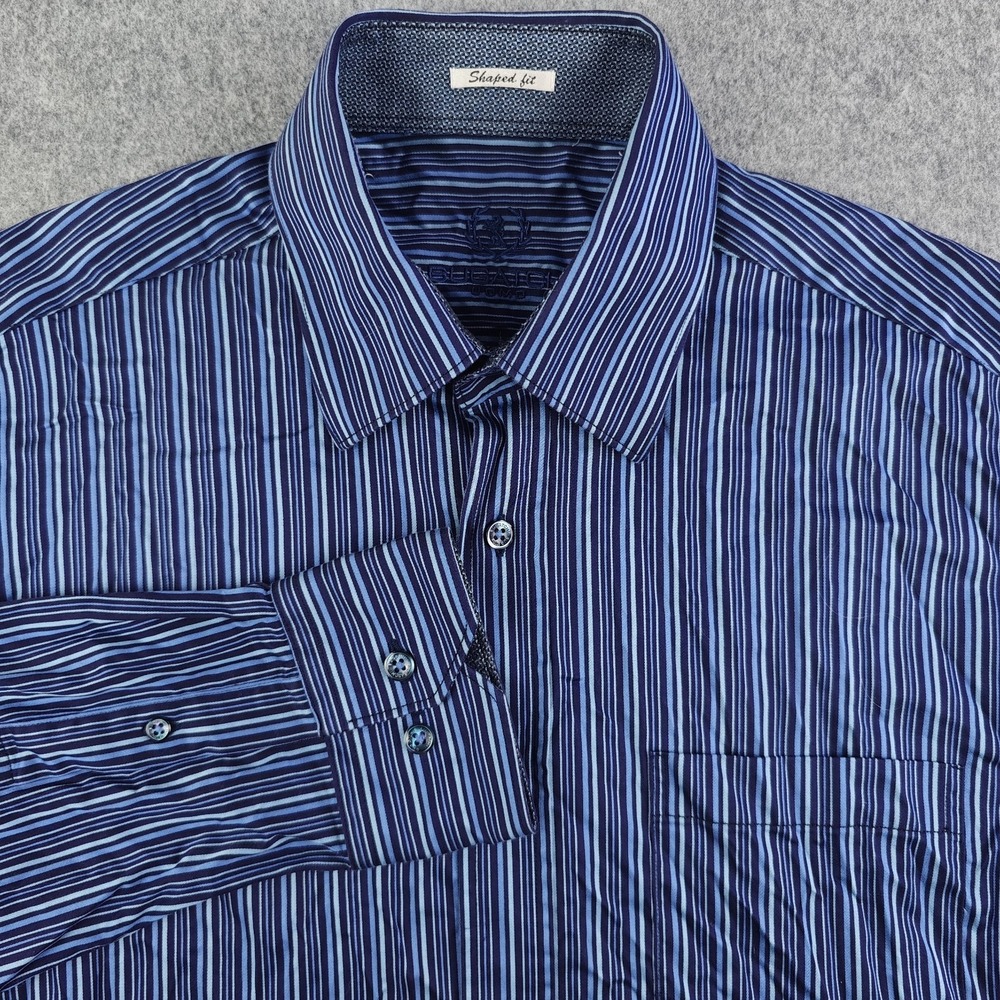Bugatchi Shirt Mens Medium Shaped Fit Blue Striped Long Sleeve Button Up